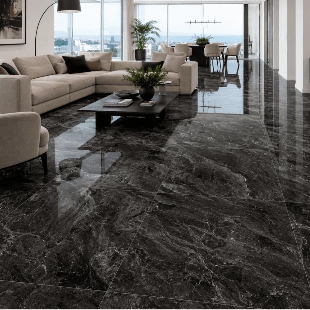 Porcelanato gris plomo marmoleado 60x60 instalado en sala moderna