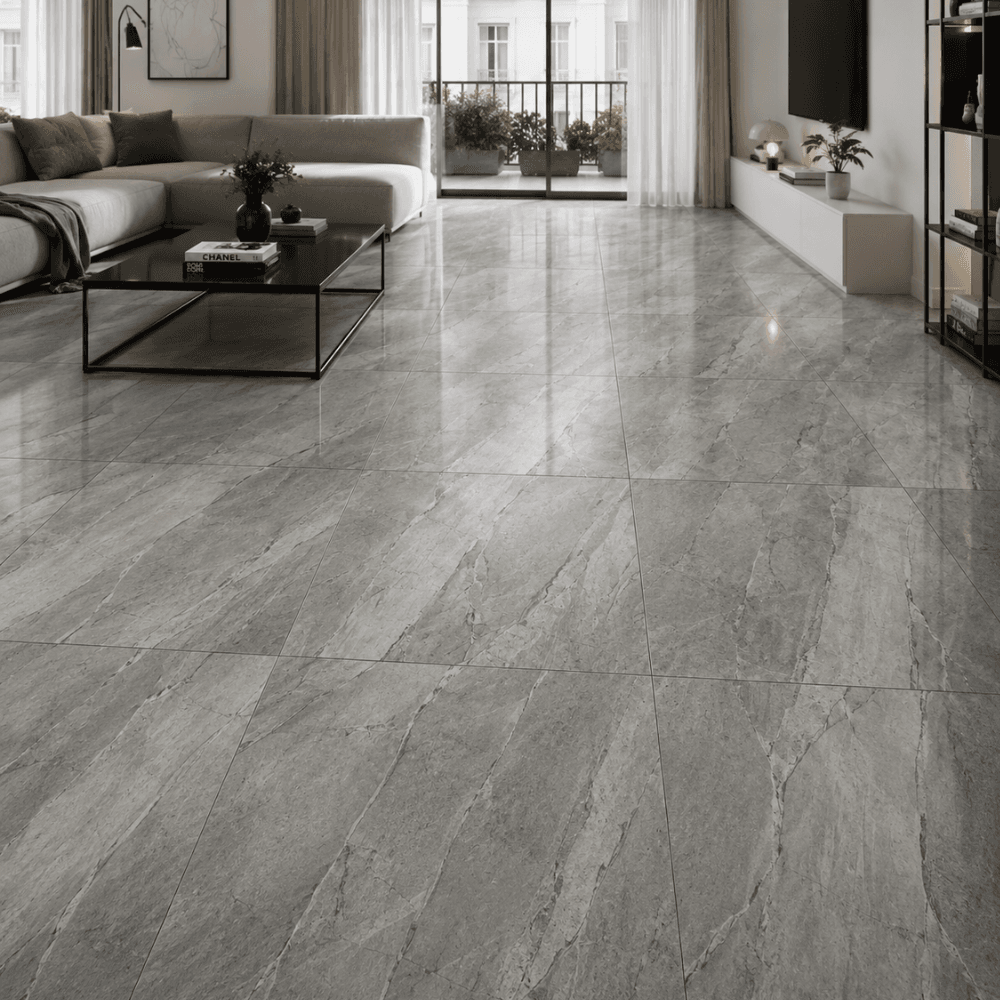 Porcelanato gris piedra veteada 60x60 referencia 6143 instalado en sala moderna