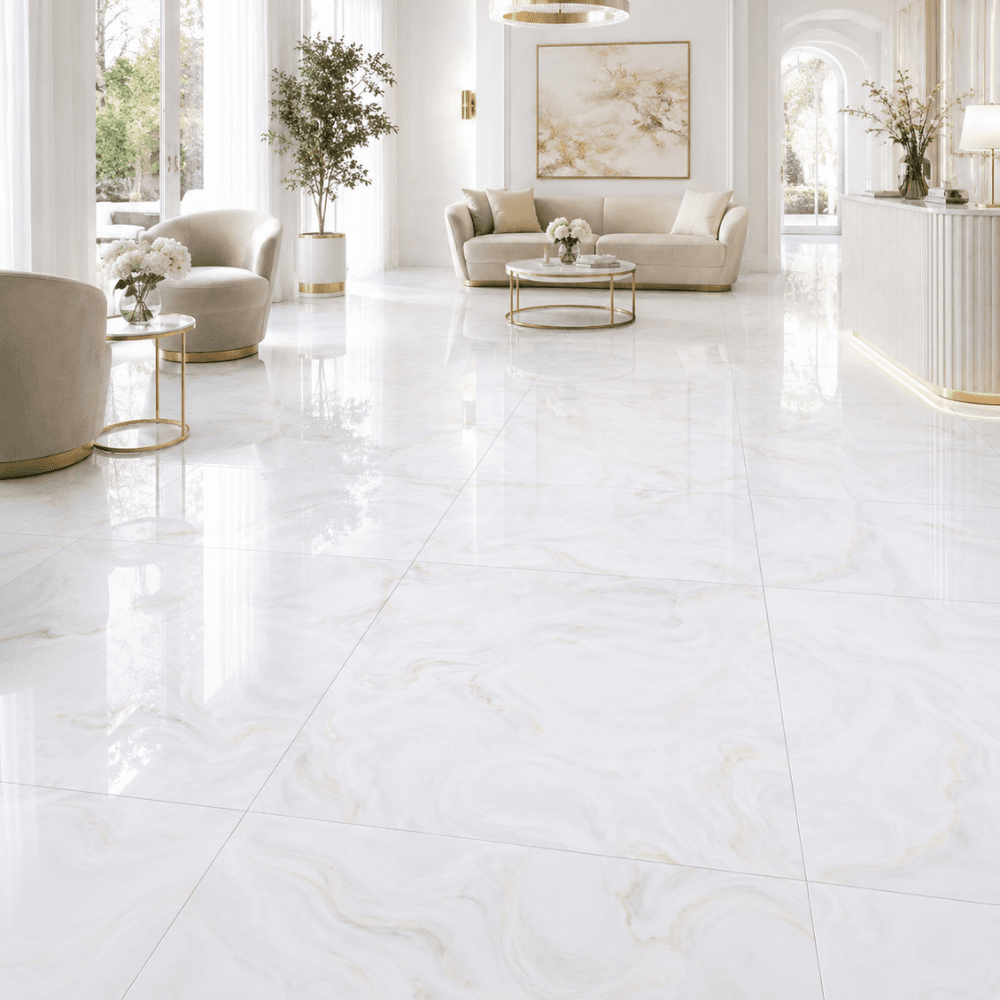 Porcelanato blanco ónix dorado 60x60 referencia 53001 instalado en sala elegante