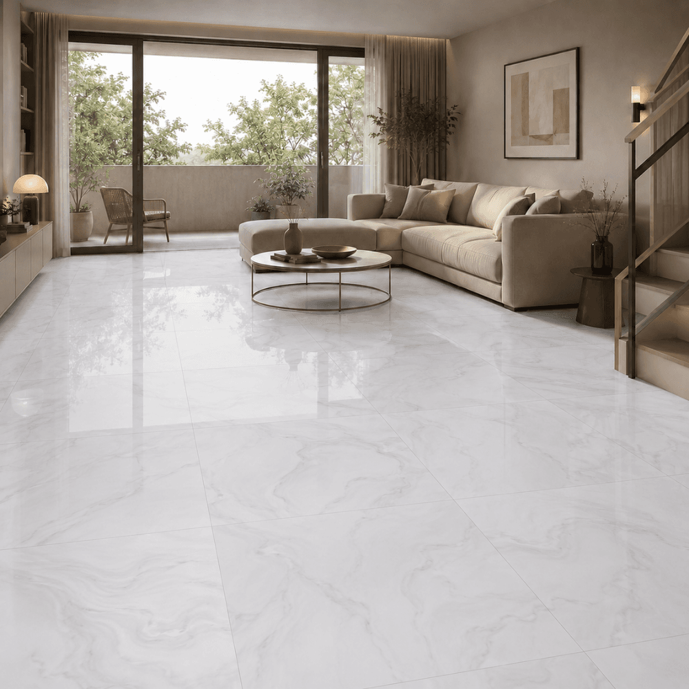 Porcelanato blanco marmoleado suave 60x60 referencia 53002 instalado en sala moderna