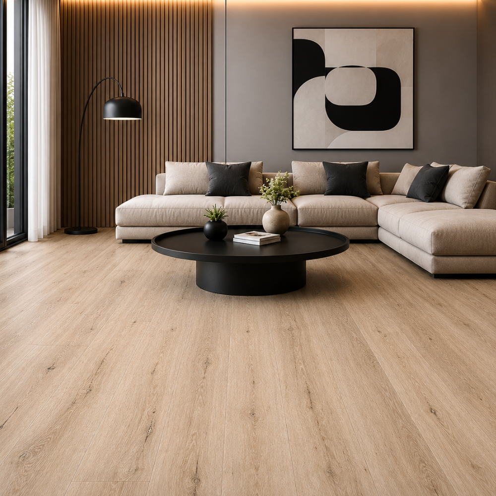 Piso SPC S032 roble beige claro instalado en sala moderna