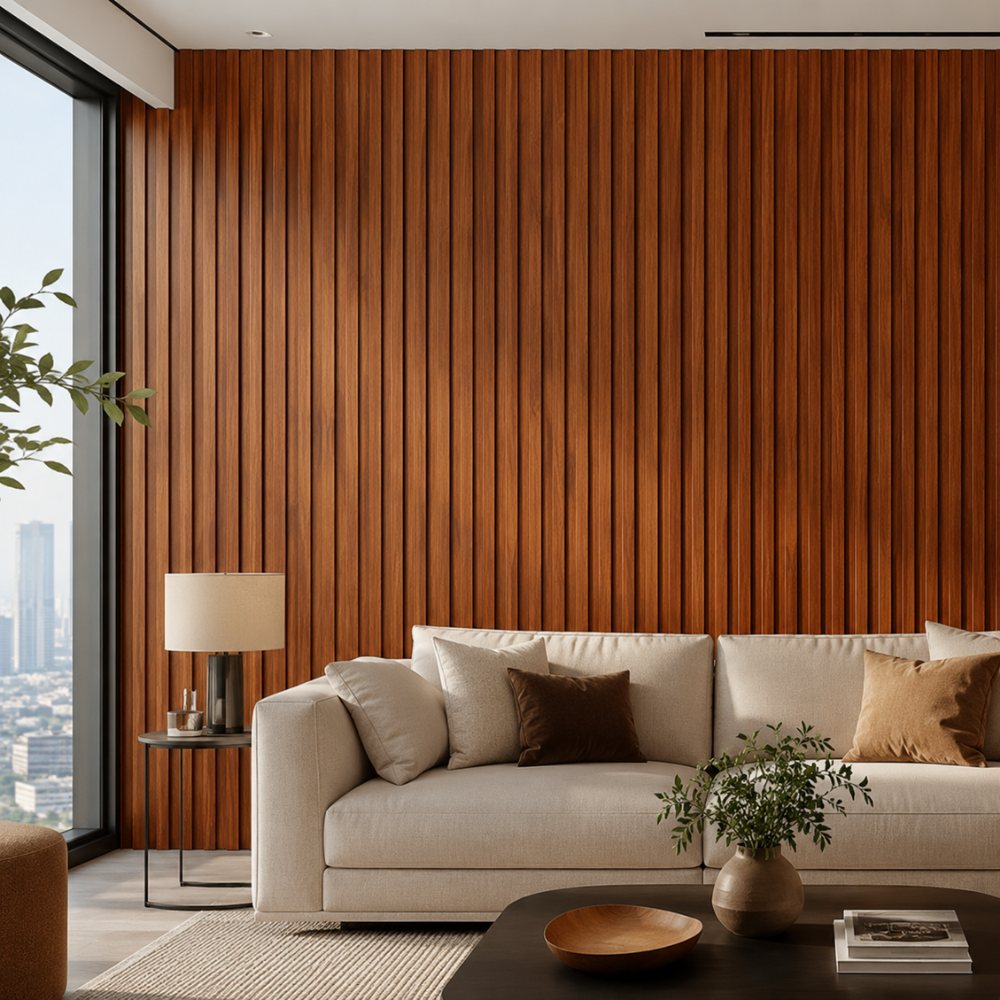 WPC 026 en tono caoba instalado en pared interior moderna