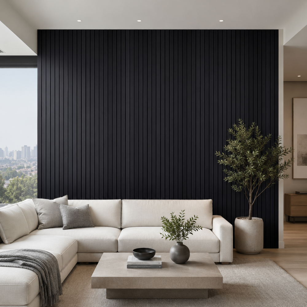 WPC 028 negro grafito instalado en pared interior moderna