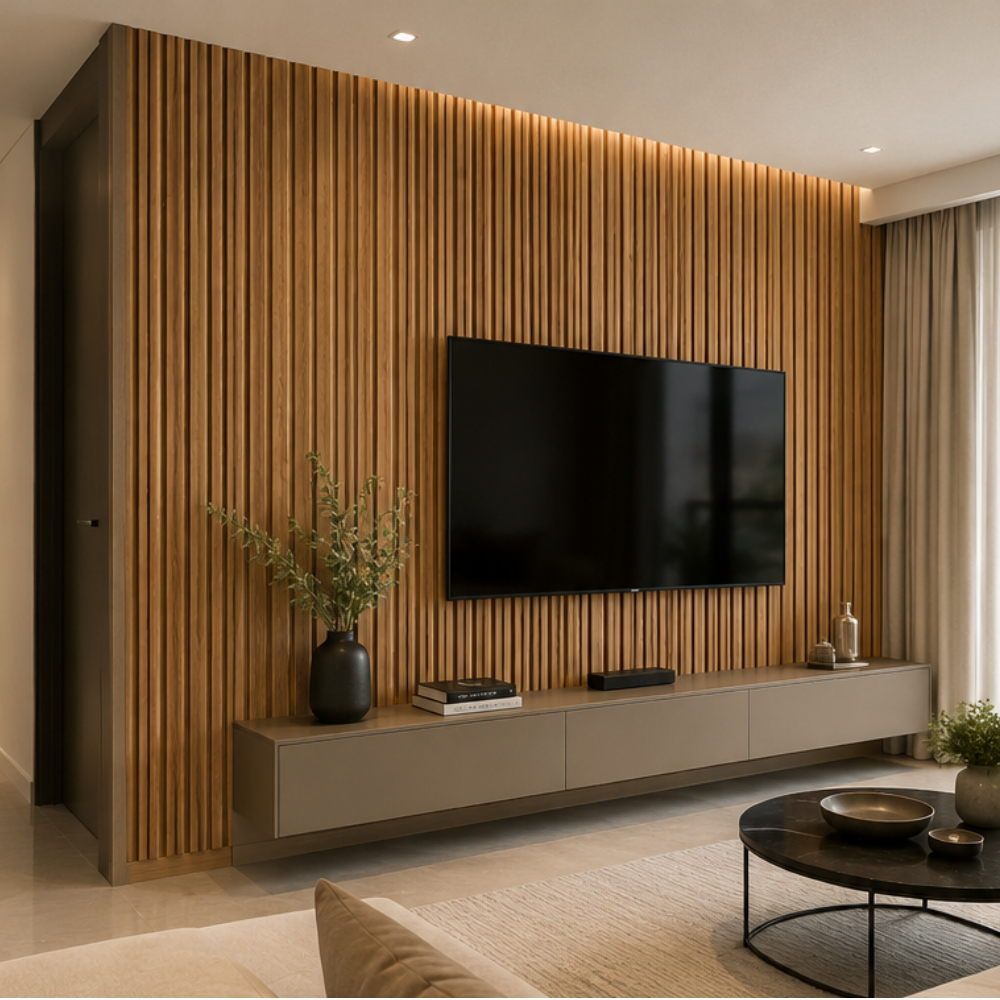 WPC 033 roble dorado instalado en pared interior moderna