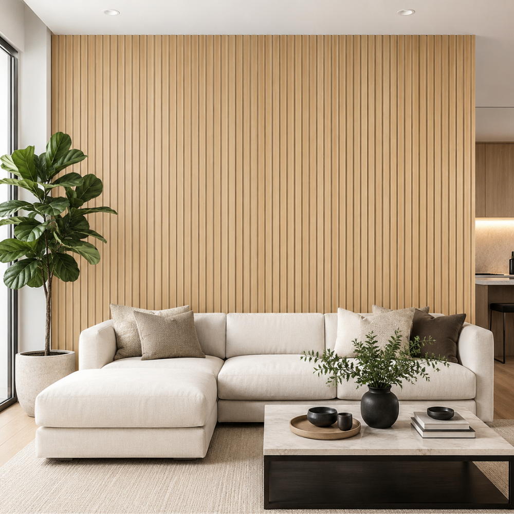 WPC 034 roble natural claro instalado en pared interior moderna
