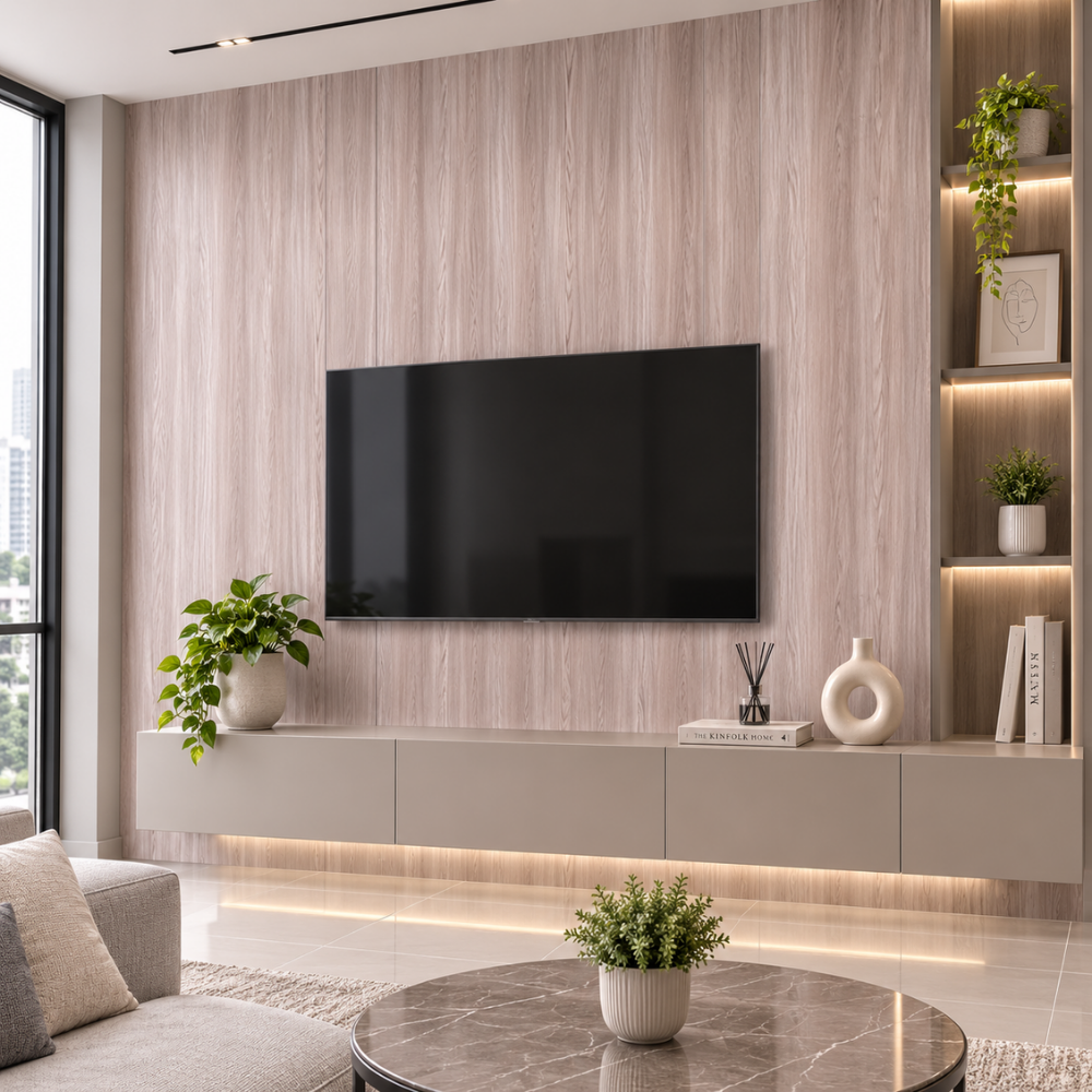 Lámina UV 803802-26 beige efecto madera instalada en pared interior