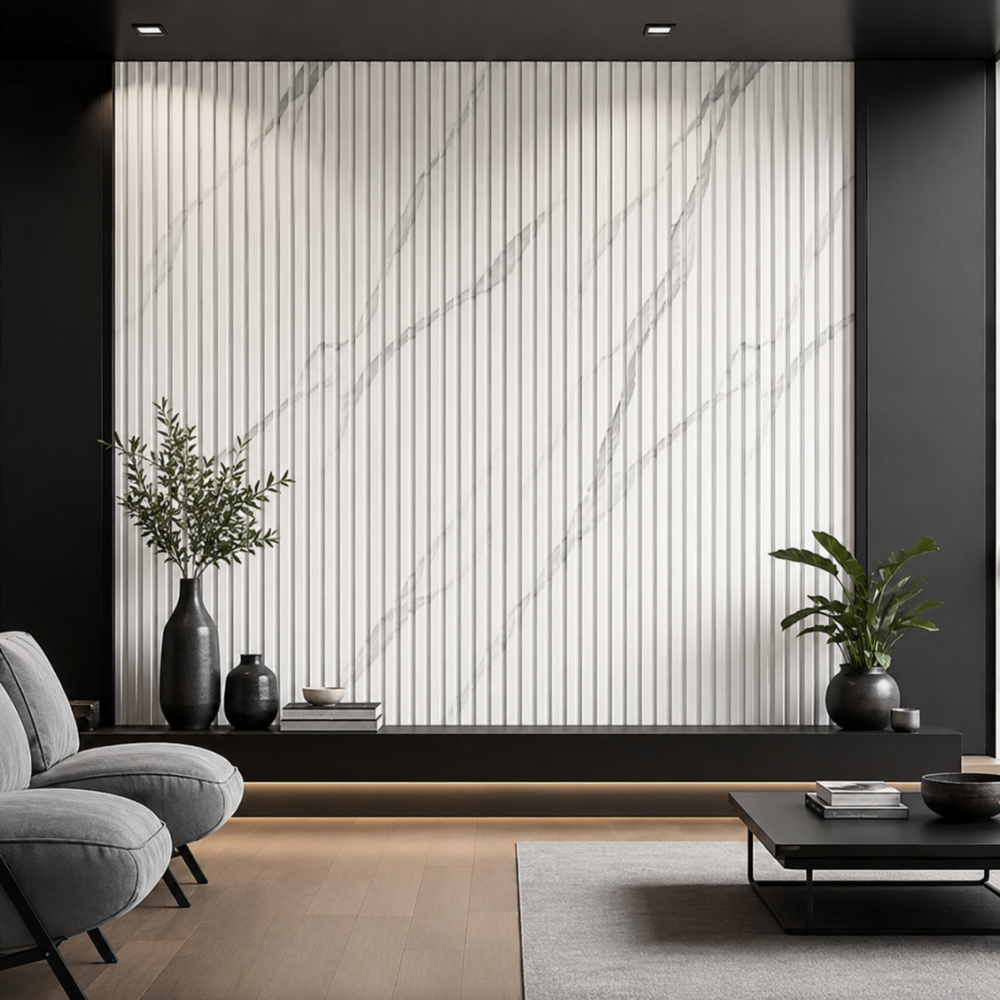 WPC 041 blanco con vetas grises instalado en pared interior moderna